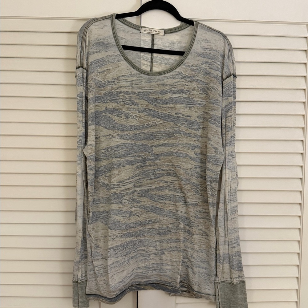 We The Free Oversized Green and Gray Patterned Long Sleeve Top